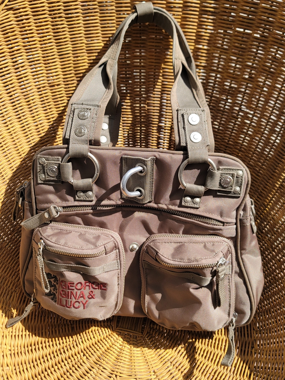 Vintage George Gina & Lucy "Two Gether" Nylon Utility Bag Taupe Brown Y2K Cargo
